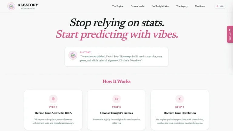 The Aleatory home page featuring a bold headline 'Stop relying on stats. Start predicting with vibes.' and a three-step guide: Define Your Aesthetic DNA, Choose Tonight's Games, and Receive Your Revelation.