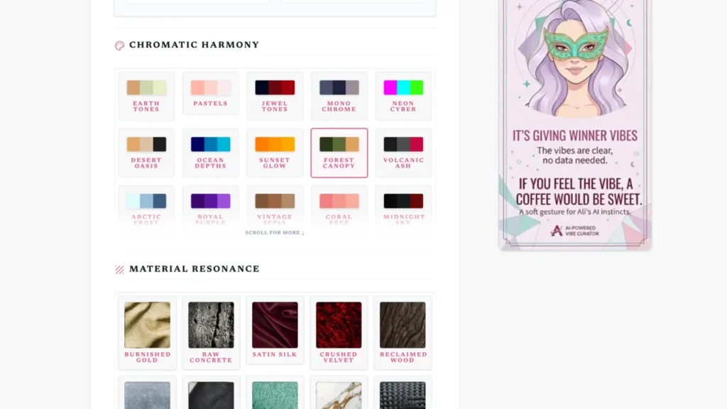 The Persona Intake interface showing a grid of color palette options under 'Chromatic Harmony' and material textures like gold, concrete, and silk under 'Material Resonance.'