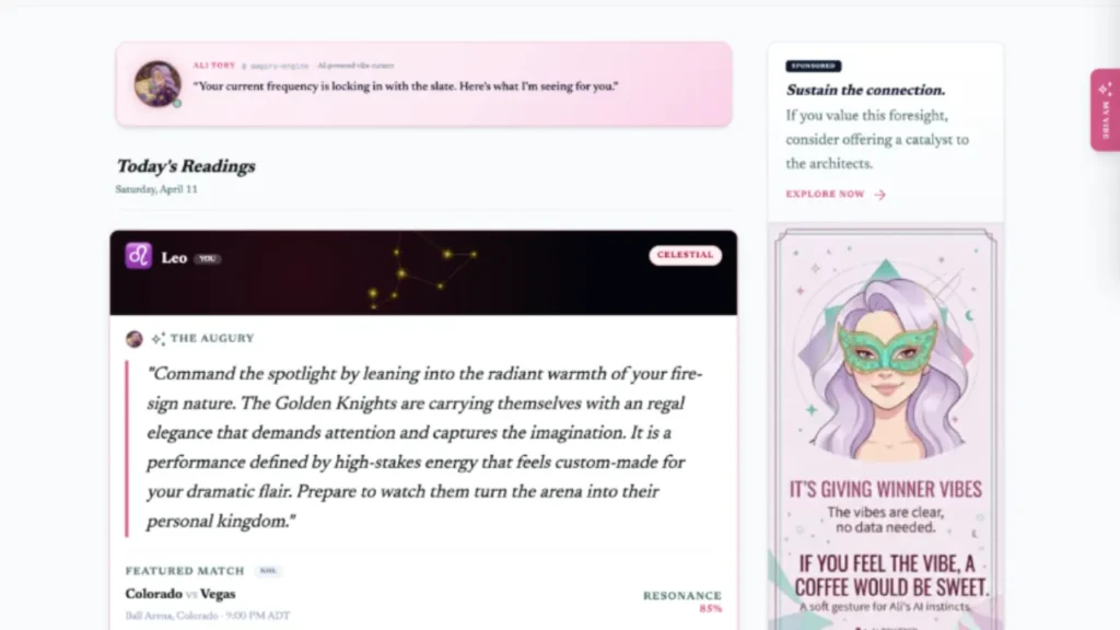 A personalized reading for Leo on the 'Today's Readings' page, featuring a detailed 'Augury' for the Golden Knights hockey team with an 85% resonance score.