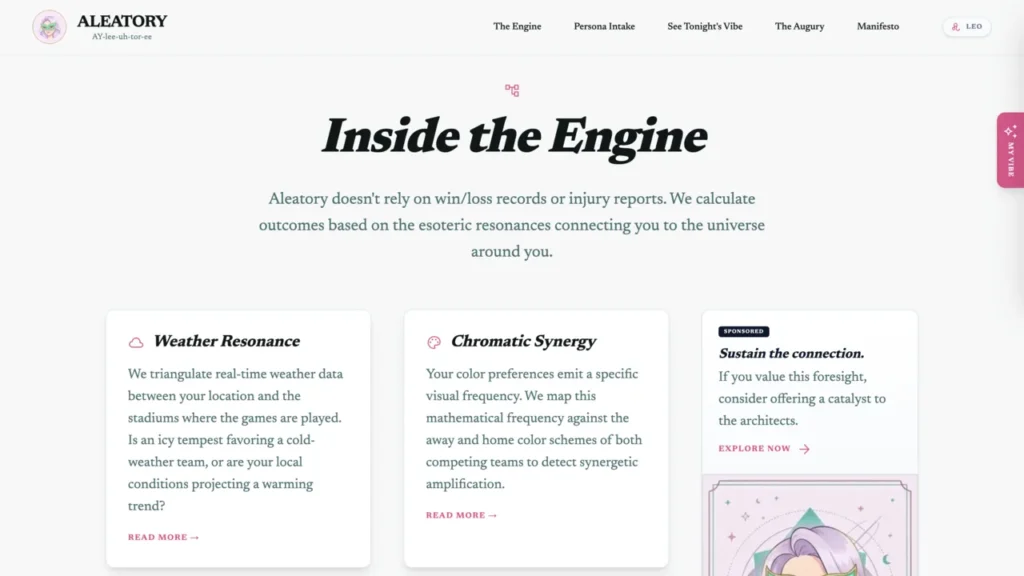 The 'Inside the Engine' page explaining Aleatory's esoteric methodology, with cards for Weather Resonance and Chromatic Synergy over a clean, modern UI.