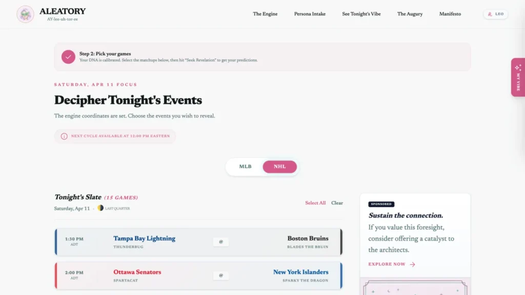 The game selection interface showing 'Tonight's Slate' for NHL games, including matchups like Lightning vs. Bruins and Senators vs. Islanders.