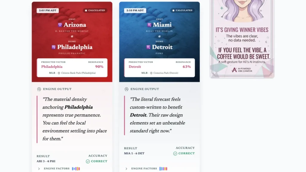 Detailed 'Engine Output' cards for two baseball games, showing resonance scores, vibe-based narrative summaries, and 'Correct' result status for predictions.